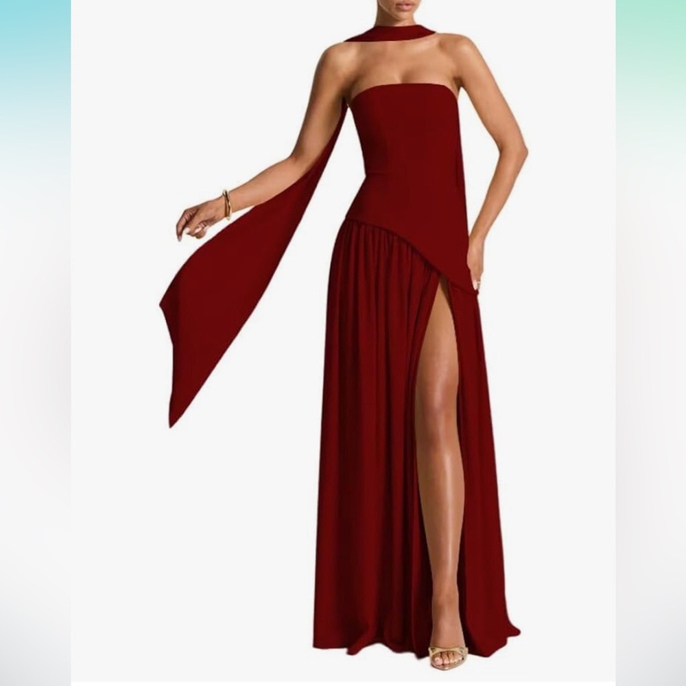 Red Strapless Formal Gown with Scarf | Size 8
